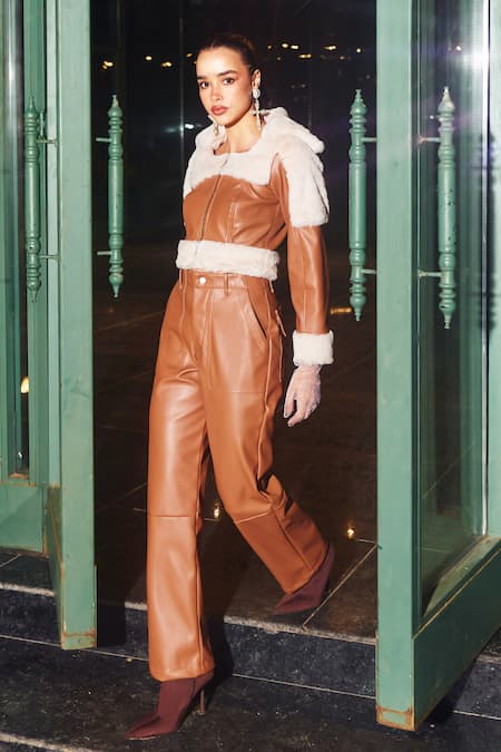 Shop_Kay Kay_Brown Leather Collared Tan Crop Jacket And Pant Set _Online_at_Aza_Fashions