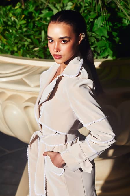 Kay Kay_Off White Leather, Polyester Lace Lined Trench Coat With Belt _Online_at_Aza_Fashions