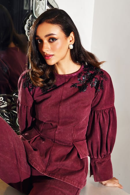 Kay Kay_Maroon Denim Sequins Round Neck Embellished Pant Set _Online_at_Aza_Fashions