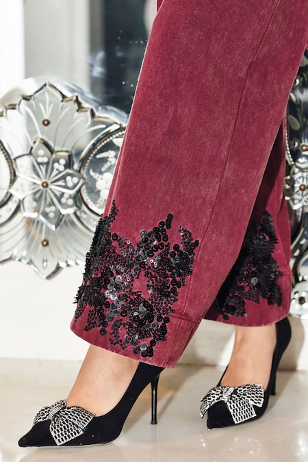 Shop_Kay Kay_Maroon Denim Sequins Round Neck Embellished Pant Set _Online_at_Aza_Fashions