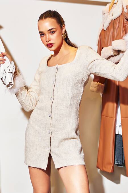 Buy Kay Kay White Tweed, Cotton Square Neck Textured Woven Dress With Fur Accents Online at Aza Fashions Buy_Kay Kay_White Tweed, Cotton Square Neck Textured Woven Dress With Fur Accents _Online_at_Aza_Fashions