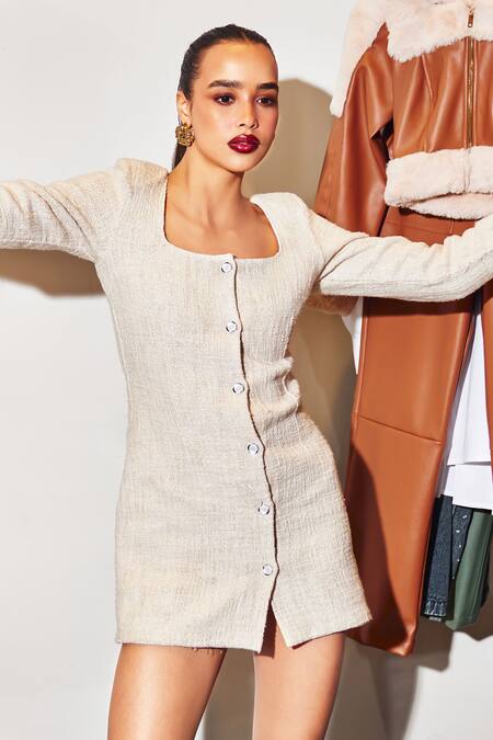 Shop Kay Kay White Tweed, Cotton Square Neck Textured Woven Dress With Fur Accents Online at Aza Fashions Shop_Kay Kay_White Tweed, Cotton Square Neck Textured Woven Dress With Fur Accents _Online_at_Aza_Fashions