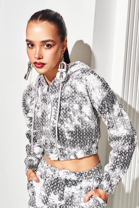 Buy Kay Kay Black Denim, Linen Sequins Textured Crop Hoodie Jacket And Pant Set Online at Aza Fashions Buy_Kay Kay_Black Denim, Linen Sequins Textured Crop Hoodie Jacket And Pant Set _Online_at_Aza_Fashions