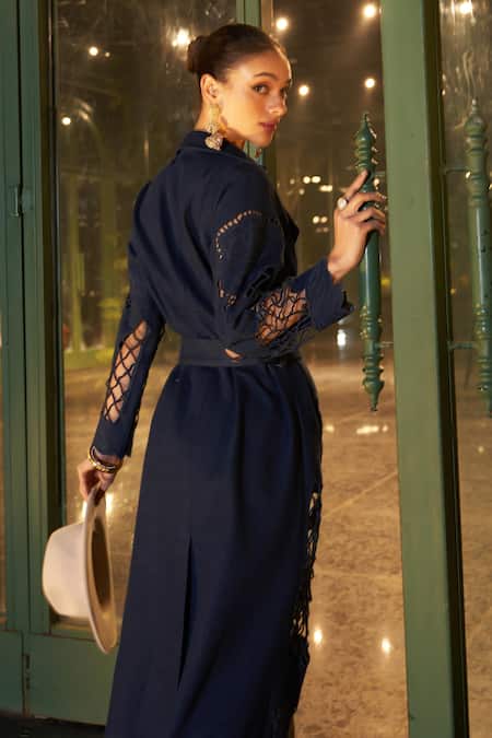 Kay Kay Blue Denim Embroidery Crochet Patchwork Trench Coat Online at Aza Fashions Kay Kay_Blue Denim Embroidery Crochet Patchwork Trench Coat _Online_at_Aza_Fashions