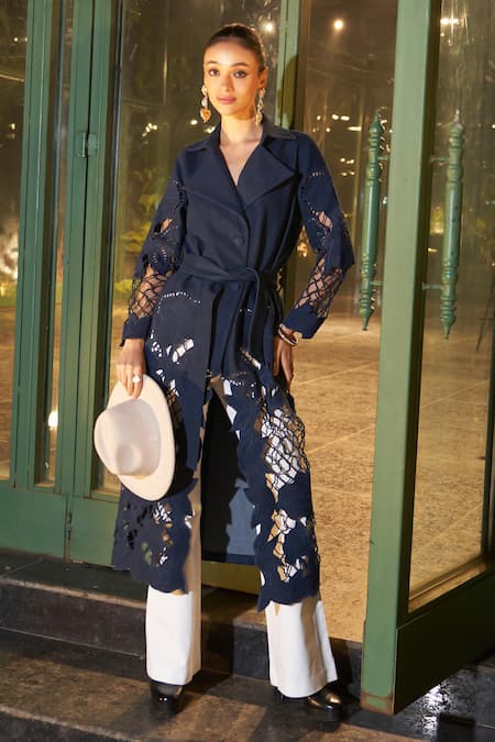 Kay Kay Blue Denim Embroidery Crochet Patchwork Trench Coat