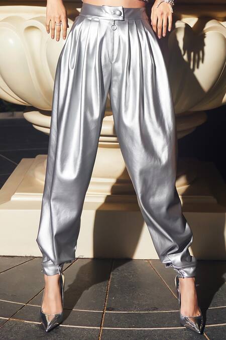 Kay Kay Silver Leather Collared Crop Top And Balloon Pant Set Online at Aza Fashions Kay Kay_Silver Leather Collared Crop Top And Balloon Pant Set _Online_at_Aza_Fashions
