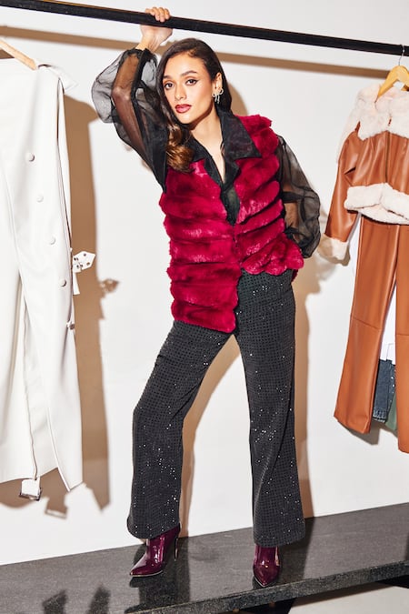 Kay Kay Maroon Fur, Polyester Open Neck Faux Jacket 