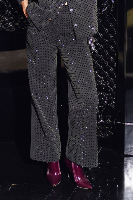 Kay Kay_Black Denim Rhinestones Collared Embellished Set _Online_at_Aza_Fashions