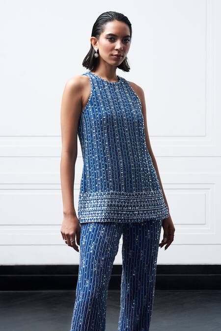 Kay Kay Blue Georgette Pearls, Stones Round Neck Embroidered Top And Pant Set Online at Aza Fashions Kay Kay_Blue Georgette Pearls, Stones Round Neck Embroidered Top And Pant Set _Online_at_Aza_Fashions