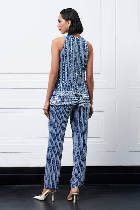 Kay Kay Blue Pearl Stone Embroidered Top & Pant Set 