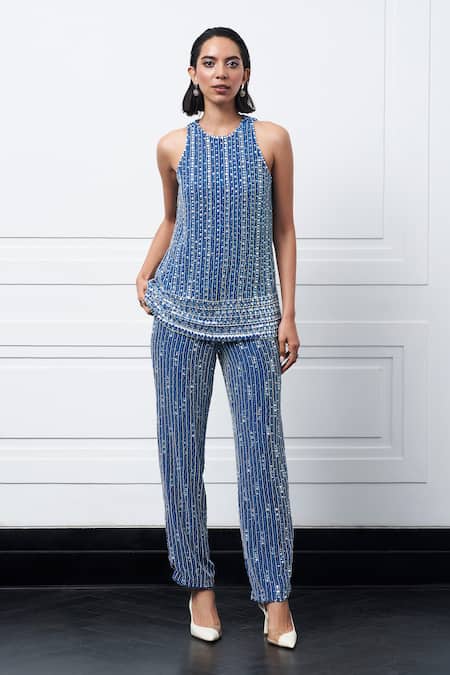 Kay Kay Blue Pearl Stone Embroidered Top & Pant Set 