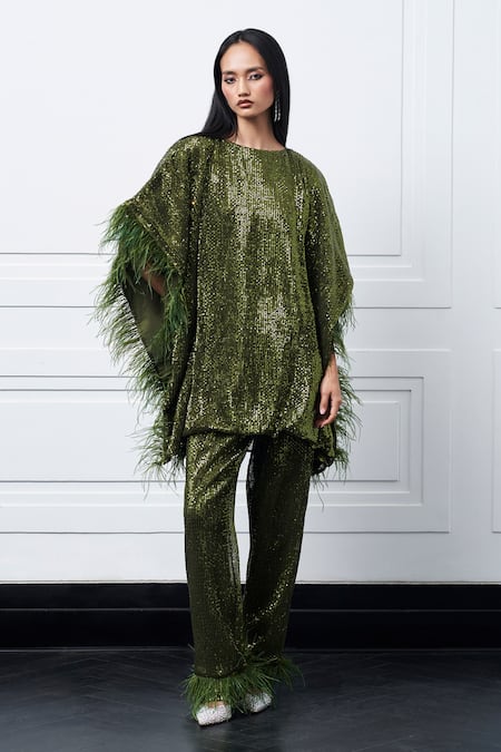 KAY KAY Embroidered Green Kaftan & Pant Set 