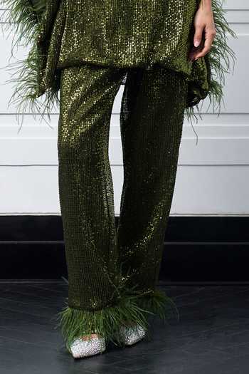 Kay Kay_Green Net Sequins, Fringe Round Neck Embroidered Kaftan And Pant Set _Online_at_Aza_Fashions