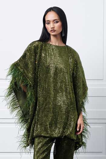 Buy_Kay Kay_Green Net Sequins, Fringe Round Neck Embroidered Kaftan And Pant Set _Online_at_Aza_Fashions