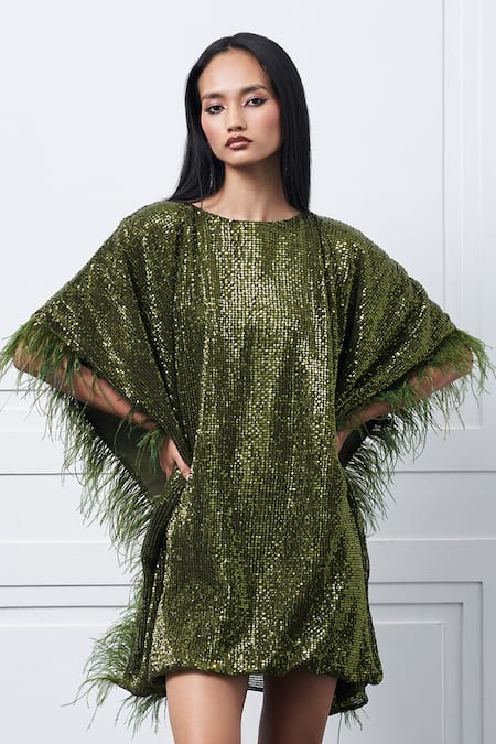 Kay Kay_Green Net Sequins, Fringe Round Neck Embroidered Kaftan Dress _Online_at_Aza_Fashions