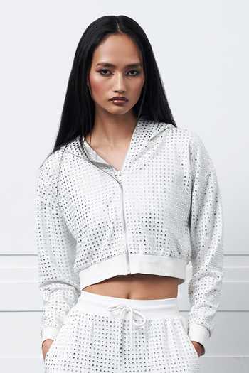 Kay Kay Off White Cotton Stones Open Neck Embellished Hoodie And Pant Set Online at Aza Fashions Kay Kay_Off White Cotton Stones Open Neck Embellished Hoodie And Pant Set _Online_at_Aza_Fashions