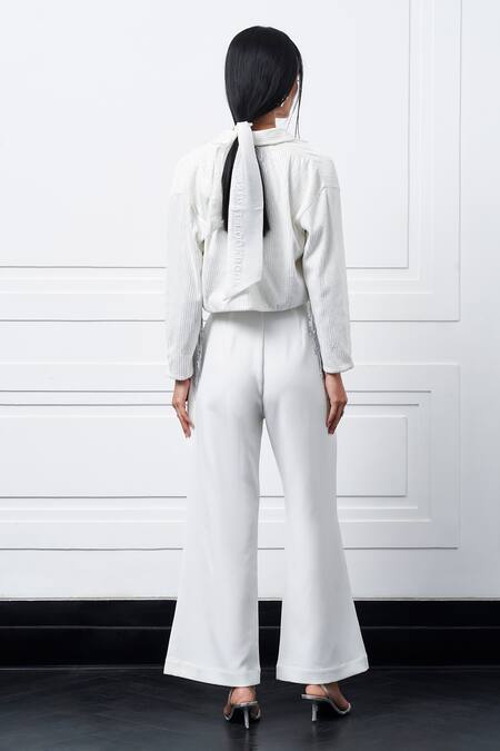 Shop_Kay Kay_Silver Silk, Polyester Sequins, Fringe Collared Bralette And Pant Set _at_Aza_Fashions