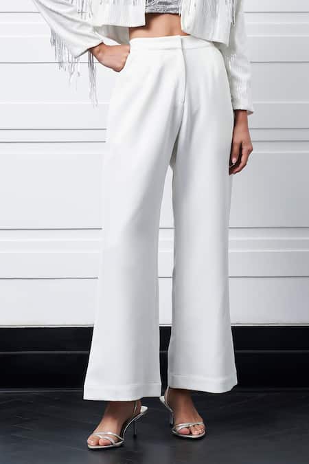 Kay Kay_Silver Silk, Polyester Sequins, Fringe Collared Bralette And Pant Set _Online_at_Aza_Fashions