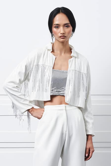 Buy_Kay Kay_Silver Silk, Polyester Sequins, Fringe Collared Bralette And Pant Set _Online_at_Aza_Fashions