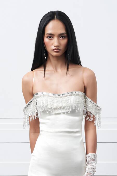 Kay Kay Off White Viscose Beads Sweetheart Neck Embroidered Shoulder Dress Online at Aza Fashions Kay Kay_Off White Viscose Beads Sweetheart Neck Embroidered Shoulder Dress _Online_at_Aza_Fashions