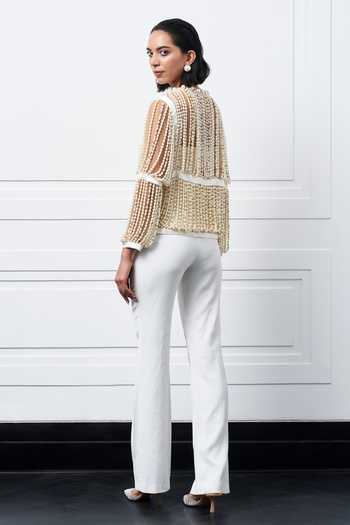Shop Kay Kay Off White Polyester Pearls Round Neck Embellished Jacket And Pant Set at Aza Fashions Shop_Kay Kay_Off White Polyester Pearls Round Neck Embellished Jacket And Pant Set _at_Aza_Fashions