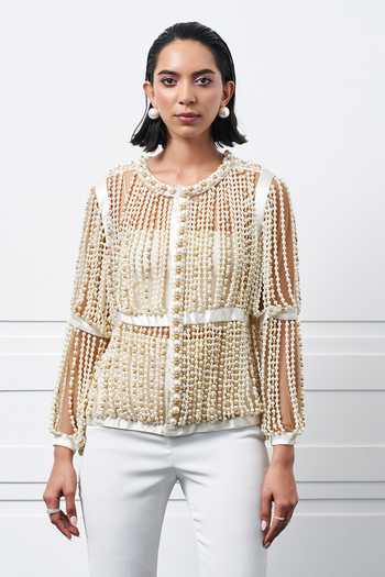 Buy Kay Kay Off White Polyester Pearls Round Neck Embellished Jacket And Pant Set Online at Aza Fashions Buy_Kay Kay_Off White Polyester Pearls Round Neck Embellished Jacket And Pant Set _Online_at_Aza_Fashions