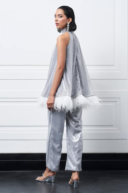 Kay Kay Grey Sequin Embroidered Kaftan Pant Set 