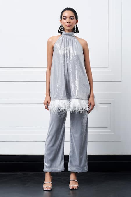 Kay Kay Grey Sequin Embroidered Kaftan Pant Set 