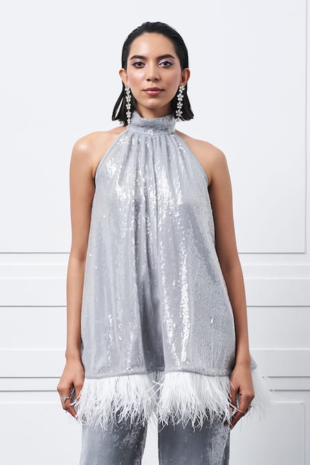 Kay Kay_Gray Polyester, Satin Sequins, Fringe High Grey Embroidered Kaftan Pant Set _Online_at_Aza_Fashions