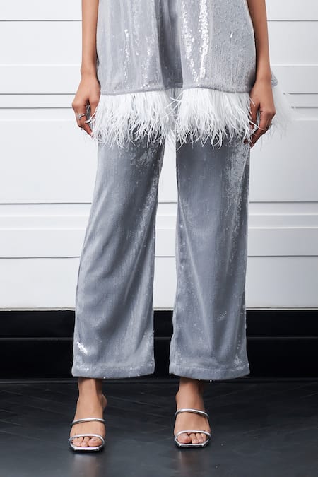 Buy_Kay Kay_Gray Polyester, Satin Sequins, Fringe High Grey Embroidered Kaftan Pant Set _Online_at_Aza_Fashions