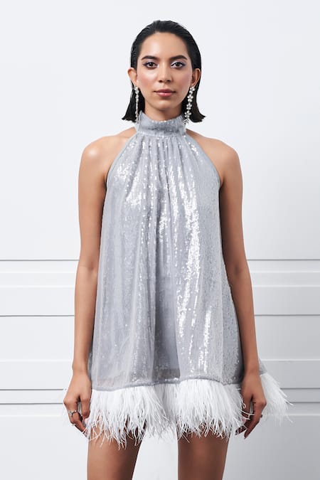 Kay Kay_Gray Polyester Sequins, Fringe Round Neck Grey Embroidered Dress _Online_at_Aza_Fashions