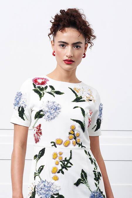 Kay Kay_Off White Modal, Cotton Sequins, Beads Round Floral Embroidered Short Dress _Online_at_Aza_Fashions