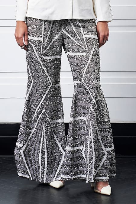 Buy_Kay Kay_Off White Mohair, Modal Sequins, Beads Embellished Pant Set _Online_at_Aza_Fashions
