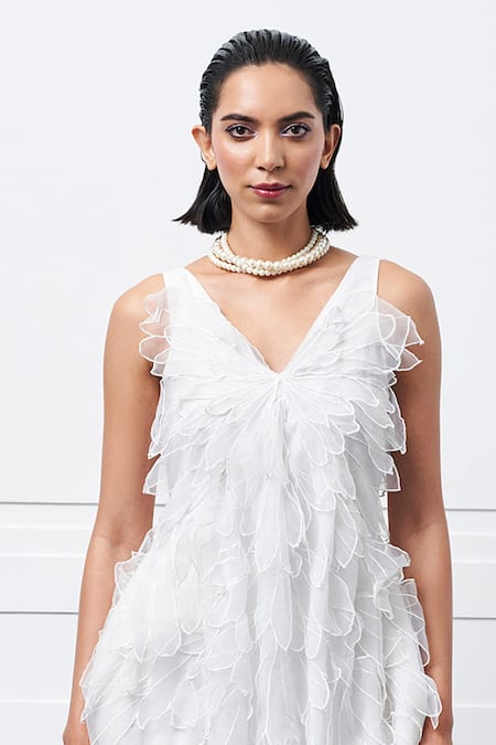 Kay Kay_Off White Organza, Linen V-neck Butterfly Detailed Dress _Online_at_Aza_Fashions