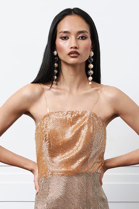 Kay Kay Gold Polyester Cut Work Square Neck Cutpipe Embellished Short Dress Online at Aza Fashions Kay Kay_Gold Polyester Cut Work Square Neck Cutpipe Embellished Short Dress _Online_at_Aza_Fashions