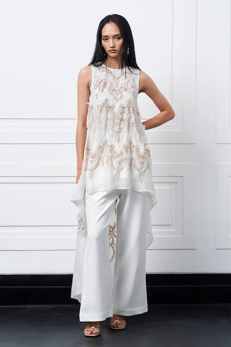 KAY KAY Embroidered High Low Top & Pant Set 