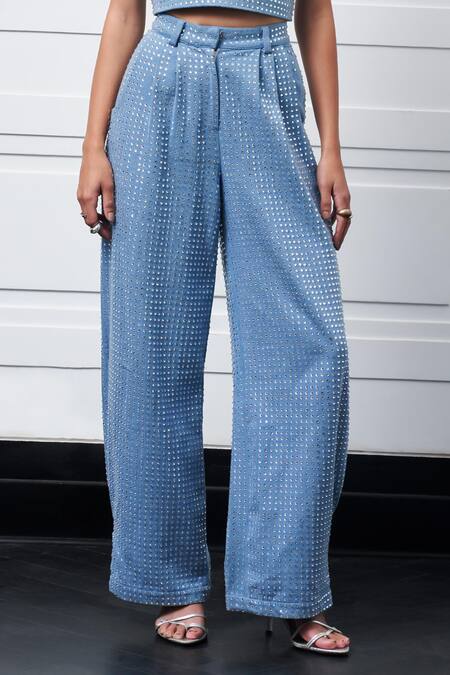 Kay Kay_Blue Denim Stones Round Neck Embellished Top And Pant Set _Online_at_Aza_Fashions