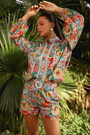 Buy_Kay Kay_Multi Color Cotton Lace Mandarin Collar Floral Print Co-ord Set_Online_at_Aza_Fashions