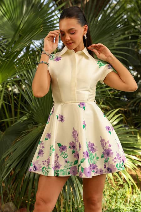 Kay Kay Off White Rayon, Silk Collared Iris Bloom Print Short Dress 