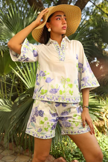 Kay Kay White Poplin, Rayon Collared Iris Bloom Print Co-ord Set Online at Aza Fashions Kay Kay_White Poplin, Rayon Collared Iris Bloom Print Co-ord Set _Online_at_Aza_Fashions