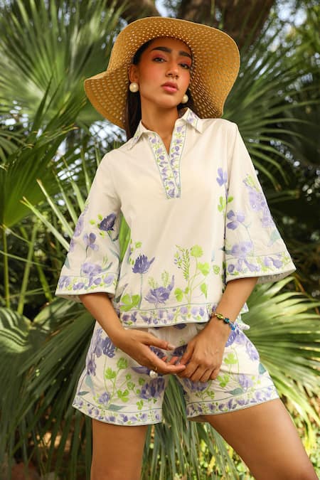 Buy Kay Kay White Poplin, Rayon Collared Iris Bloom Print Co-ord Set Online at Aza Fashions Buy_Kay Kay_White Poplin, Rayon Collared Iris Bloom Print Co-ord Set _Online_at_Aza_Fashions