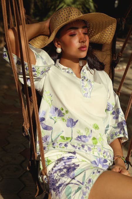 Shop Kay Kay White Poplin, Rayon Collared Iris Bloom Print Co-ord Set Online at Aza Fashions Shop_Kay Kay_White Poplin, Rayon Collared Iris Bloom Print Co-ord Set _Online_at_Aza_Fashions