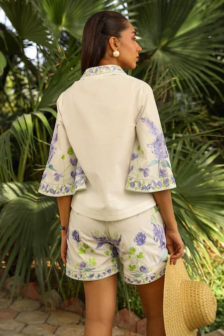 Shop Kay Kay White Poplin, Rayon Collared Iris Bloom Print Co-ord Set at Aza Fashions Shop_Kay Kay_White Poplin, Rayon Collared Iris Bloom Print Co-ord Set _at_Aza_Fashions