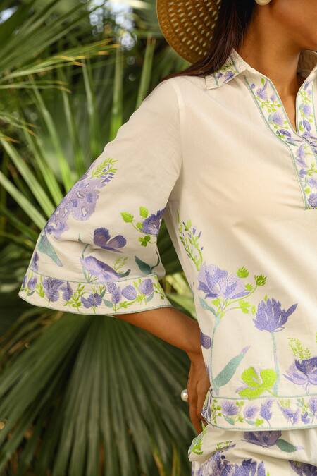 Kay Kay White Poplin, Rayon Collared Iris Bloom Print Co-ord Set at Aza Fashions Kay Kay_White Poplin, Rayon Collared Iris Bloom Print Co-ord Set _at_Aza_Fashions