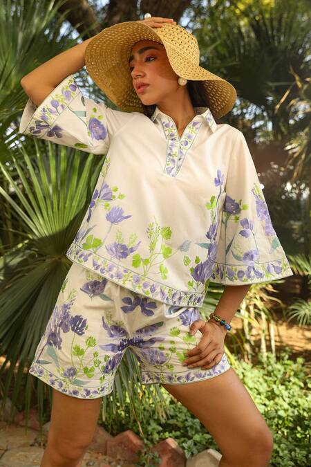 Buy Kay Kay White Poplin, Rayon Collared Iris Bloom Print Co-ord Set Buy_Kay Kay_White Poplin, Rayon Collared Iris Bloom Print Co-ord Set