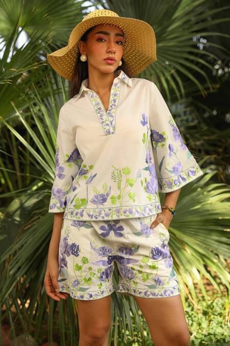 Shop Kay Kay White Poplin, Rayon Collared Iris Bloom Print Co-ord Set Shop_Kay Kay_White Poplin, Rayon Collared Iris Bloom Print Co-ord Set