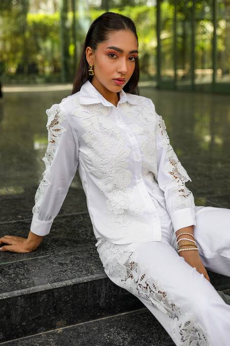 Shop_Kay Kay_White Poplin Embroidery, Cut Work, Lace Collared Floral Cutwork Shirt And Pant Set _Online_at_Aza_Fashions