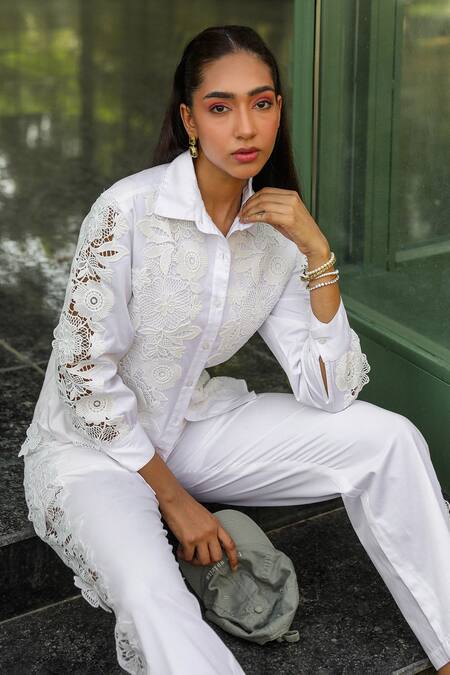Kay Kay_White Poplin Embroidery, Cut Work, Lace Collared Floral Cutwork Shirt And Pant Set _at_Aza_Fashions