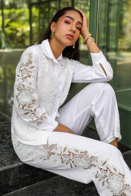 Shop_Kay Kay_White Poplin Embroidery, Cut Work, Lace Collared Floral Cutwork Shirt And Pant Set 