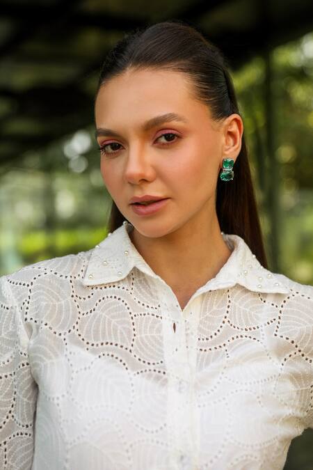 Kay Kay White Cotton Embroidery Collared Foliage Schiffli Shirt And Pant Set Online at Aza Fashions Kay Kay_White Cotton Embroidery Collared Foliage Schiffli Shirt And Pant Set _Online_at_Aza_Fashions